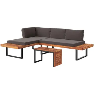 Ambia Garden Loungegarnitur, Grau, Holz, Metall, Akazie, massiv, Füllung: Komfortschaum,Polyester, L-Form, einzeln stellbar, 253x175 cm, UV-beständig, Loungemöbel, Loungemöbel-Sets