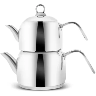 KARACA Urban Midi Türkische Teekanne Edelstahl - Induktion, 3-teiliges Teekannen Set, 3,3 Liter, Türkischer Teekocher Metall, Caydanlik mit Siebeinsatz