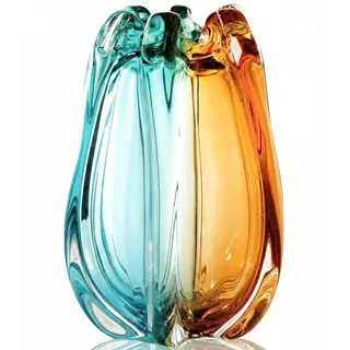 Handgefertigte Kunstglasvase für Dekorationen, schwere, große Blumenvase mit breiter Öffnung, Art-Déco-Vase im Murano-Stil in Türkis und Bernstein, modernes Boho-Wohnaccessoire (19cm)