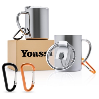 Yoassi Edelstahl Camping Becher, 2er Set Thermotasse mit Deckel und Karabiner, doppelwandige Isolierbecher, Kaffeebecher Kaffeetasse Trinkbecher BPA frei für Outdoor und Camping (400 ml)