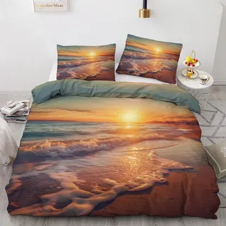 GEDAEUBA Sonnenuntergang Bettwäsche 155x220 Winter - Strand Meer Bettbezug 155x220 3 teilig, Wendebettwäsche und Kissenbezug 80x80, Weiche & Angenehme Mikrofaser Bettwäsche-Sets mit Reißverschluss
