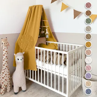 lilimaus Betthimmel Babybett mit Gold Applikation in 12 Farben [inkl. Himmelstange] - Himmel Babybett aus 100% Baumwolle Musselin für Mädchen & Jungen - Himmelbett mit Stange - Kinder Babyzimmer Deko