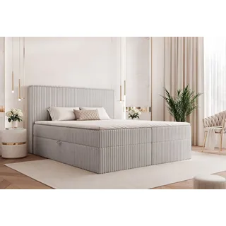 Goldstoff Boxspringbett Modernes Komfortbett "NORDIC DREAM" mit Stauraum & stilvollem Kopfteil (120–200x200 cm, Seitenhöhe: 54 cm), Komfortables Stauraumbett mit Bonellfederkern & Komforthöhe grau