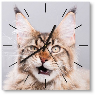 DEQORI Wanduhr 'Maine Coon Katze faucht' (Glas Glasuhr modern Wand Uhr Design Küchenuhr) beige 30 cm x 30 cm