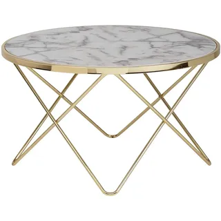 WOHNLING Design Couchtisch Marmor Optik Weiß Ø 85 cm Gold Wohnzimmertisch Rund