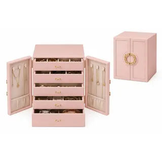 KIVEA Schmuckkasten für Damen, 5 Ebenen, Leder, Rosa, mit 4 herausnehmbaren Schubladen, Spiegel und Seitentüren, Organizer für Halsketten, Ringe, Uhren und Armbänder