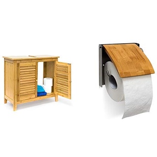 Relaxdays Waschbeckenunterschrank LAMELL aus Bambus & Toilettenpapierhalter H x B x T: 13,5 x 14,5 x 13,5 cm WC-Rollenhalter für 1 Klopapierrolle zur Wandmontage aus Bambus