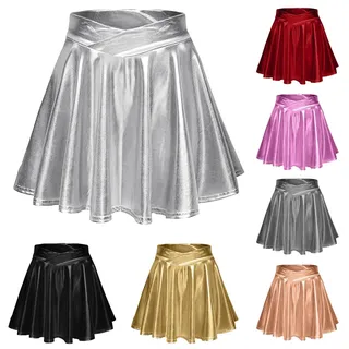 Hanraz Metallic Rock Damen Disco Sexy Lack Lederrock Faltenrock Hohe Taille Swing Elastische Glitzerrock Minirock Für Karneval Faschingskostüme
