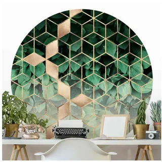 Bilderdepot24 Mustertapete rund Abstrakt Grüne Blätter goldene Geometrie Kunst, Glatt, Matt, (Vliestapete selbstklebend), Wohnzimmer Schlafzimmer Küche gemusterte Wandtattoo Klebe Wandtapete grün 150 m x 150 m