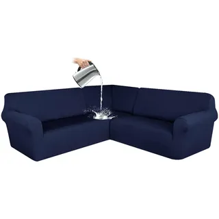 CLGTY Wasserdicht Sofabezug Ecksofa, 3 Stücke Bezug Für Ecksofas L-Form Sofa Bezug Eckcouch Antirutsch Sofahusse Für Wohnzimmer-Navy blau-7 Sitzer