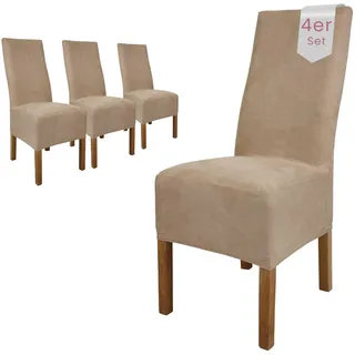 Scheffler Home Stuhlhussen Taupe Velours 4er Set Leon – Waschbare elastische Stuhlbezüge für Esszimmerstühle, Hochlehner und Polsterstühle – Stretch Husse, Oeko-TEX Zertifiziert