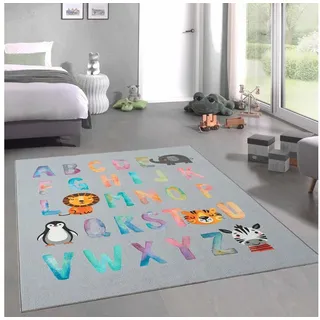 Carpetia Kinderteppich ABC-Lernteppich für Kinder • bunte Tiermotive • in grau, rechteckig, Höhe: 5 mm grau rechteckig | 80 cm x 150 cm x 5 mm