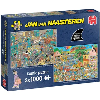Jan van Haasteren - Der Musikshop & Urlaubssitzel (2x1000 Teile) - Puzzle für Erwachsene - Zwei in eins