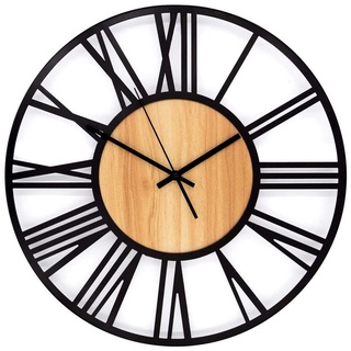 K&L Wall Art Wanduhr industrielle XL Holz-Metall Uhr ohne Tick-Geräusche (leises Quartz Uhrwerk) schwarz 50 cm