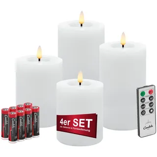 Candela Lights LED Kerzen 4er Set Winter Weiß glatt Echtwachs inklusive Fernbedienung und 8 Batterien Timer Funktion & mehrstufig dimmbar flammenlos Echtwachskerzen Stumpenkerzen