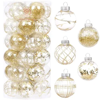 Sea Team 60 mm/2,36 Zoll bruchsicherer, durchsichtiger Kunststoff-Weihnachtskugel-Ornament-Set mit Glitzermalerei, transparent, durchsichtig, Kristallkugeln, Weihnachtsbaumschmuck (30 Stück)