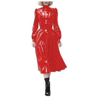 YGZHANYUANOKU Damenkleid aus Vinyl-PVC-Leder, hohe Taille, modisch, hoher Kragen, lange Puffärmel, A-Linie, Kleid für Damen, rot, 6XL - 6XL