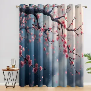 Generisch Vorhänge Kirschblüten, Vorhang Blickdicht Japanisch Asiatisch Orientalisch für Schlafzimmer, Verdunklungsvorhänge mit Ösen, Gardinen Wohnzimmer Deko, H220 X B140 cm, 2er Set X&-6