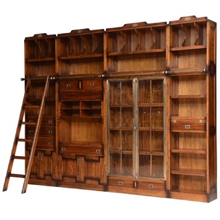 Casa Padrino Luxus Vintage Stil Bücherschrank mit Leiter Braun 331 x 34 x H. 256 cm - Massivholz Schrank - Regalschrank - Wohnzimmerschrank - Büroschrank - Luxus Massivholz Möbel - Büro Möbel