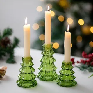 Famanu Kerzenhalter Set aus Glas in Weihnachtsbaum-Form, grün - 3 Stück