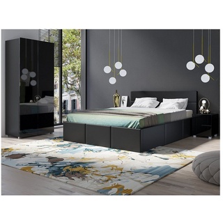 Lomadox Schlafzimmer-Set CAIRNS-132, (Spar-Set, 4-St), in schwarz Hochglanz mit Polsterbett in schwarz (Kunstleder), Modern schwarz