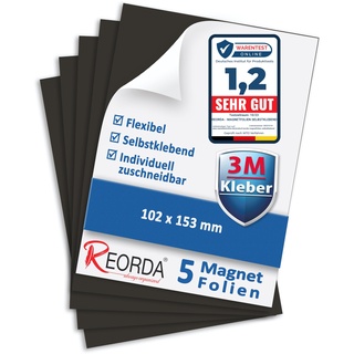 Reorda Magnetfolie selbstklebend 5er Set - Magnetpapier mit starkem 3M-Kleber - Magnetplatte zuschneidbar für Kühlschrank, Tafeln & Poster - Magnetische Folie selbstklebend für's Basteln