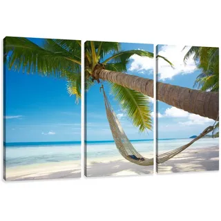 Visario Leinwandbild Strand Hängematte Palme 160x90 cm 1039 XXL Wandbild Karibik Palme Meer Strandgras Natur Panorama fertig aufgespannt auf Holzrahmen Wohnzimmer Schlafzimmer Büro moderne