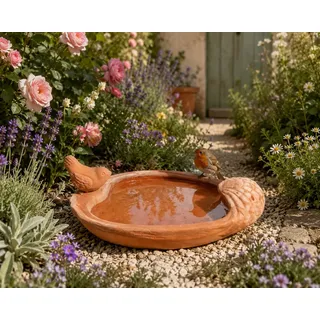 Vogeltränke Terracotta 35 cm mit Steckvogel – Vogelbad Muscheldesign für Wildvögel Garten Balkon Terrasse Handgefertigt