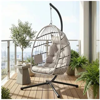 SONGMICS Hängesessel mit Kissen Ei-Design Balkon & Garten inkl. Zubehörpaket & Anleitung, Schaukelstuhl mit Gestell, klappbarer Korbsessel höhenverstellbar weiß