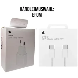 Apple iPhone 20W Adapter + Apple 60W USB-C Ladekabel (1 m) für iPhone 15 16 17 Pro Max iPad AirPods - Weiß