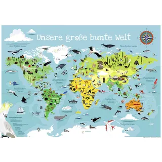 Close Up Kinder Weltkarte XXL Poster - Unsere große Bunte Welt 140 x 100 cm - handgezeichnete und kolorierte Panorama Kinderweltkarte + Original tesa Powerstrips® (1 Pack/20 STK.)
