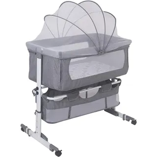 3-in-1-Beistellbett und Nachtbett mit Matratze und Moskitonetz, mobiles Babyzimmer, höhenverstellbar (Grau, weiß, 92 * 58 * 70-90cm)