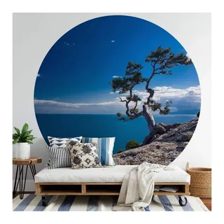 K&L Wall Art Fototapete Fototapete Baum am Meer blauer Himmel Vliestapete Rund Tapete, Klippe Tapete blau 2.84 m x 2.84 m