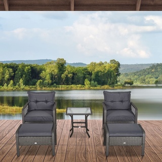 Outsunny Rattan Gartenmöbel für 8 Personen 5-tlg. Outdoor-Sitzgarnitur Sofa mit Hocker Tisch Sitzgruppe Stahl Grau 65 x 55 x 75 cm