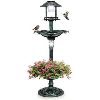 KOMFOTTEU Vogeltränke Vogelbad Vogelfutterhaus, mit Blumentopf & Solar Leuchten grün