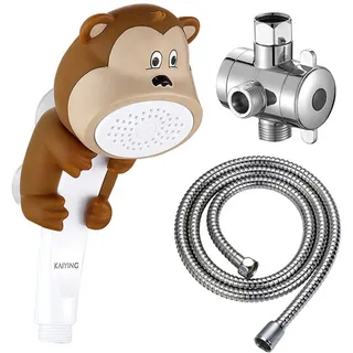 KAIYING Duschköpfe für Kinder, Cartoon Wasserfluss Sprühdusche, Duschaufsatz für Kleinkinder, Baby handduschkopf Badezubehör, Bad Kinder-Duschaufsatz (L:Duschkopf(Affe)+Schlauch+Umschaltventil) Braun