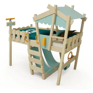 Wickey Kinderbett CrAzY Snuggy Massivholz-Hochbett mit Leiter, Lenker & Rutsche (opt) (Spielbett mit optionaler 175 cm Rutsche für maximalen Spielspaß, Abenteuer-Etagenbett mit Zubehör – auf Wunsch mit Rutsche), Massivholz-Konstruktion für Sicherheit und langlebigen Spielwert blau