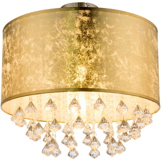Decken Lampe Schlaf Gäste Zimmer Stoff Schirm Kristall Leuchte Blatt-Gold Design Globo 15187D3S