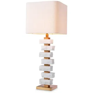 Casa Padrino Luxus Tischleuchte Weiß / Antik Messing / Creme 35,5 x 35,5 x H. 89 cm - Schreibtischleuchte mit quadratischem Lampenschirm - Luxus Tischleuchten - Luxus Schreibtischleuchten