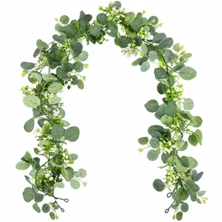 Eukalyptus Girlande Deko, 1,8m Künstliche Pflanze für Tischdeko | Hängend Grüne Blätter Deko, Künstliche Eukalyptus Girlande mit Weiße Blumen, für Hintergrund, Hochzeit Bogen, Weidenblättern