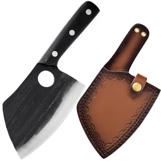 TUTCHUAN Japanisches Kochmesser Handgeschmiedetes Hackmesser Full Tang High Carbon Steel Küchenmesser Home and Outdoor Cooking Knife mit Lederscheide