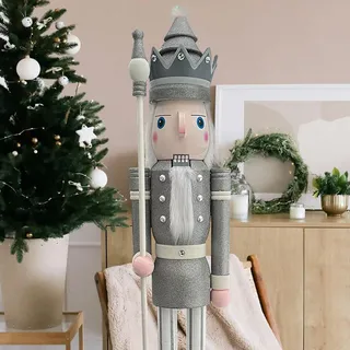 CDL Nussknacker, 1.8 m hoch, lebensgroß, groß, mit Glitzer, Weihnachten, Holz, Königs-Ornament auf Ständer, hält Zepter für drinnen und draußen, Party-Dekoration (1.8 m, King Silver k31)
