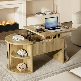 Merax Couchtisch Höhenverstellbar, Wohnzimmertisch mit Stauraum & Schiebetüren, Lift Top Sofatisch mit offenen Regalen, Moderner Kaffeetisch Oval für Wohnzimmer & Homeoffice - Eiche