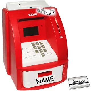 elektrische Spardose - Geldautomat - incl. Name - rot - mit Sound + PIN Geldkarte + Sparzähler + Alarm Funktion + Zählfunktion/stabile & Digitale Sparbü..