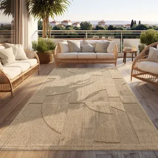 Paco Home Outdoor Teppich Wetterfest Balkon Wohnzimmer Boho Design Abstrakt Geometrisches Muster Einfarbig 3D Effekt Moderne Deko Beige, Grösse:80x150 cm