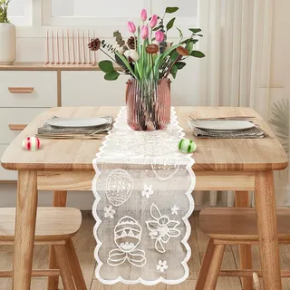 Ostern Tischdecke Fainfun – Tischläufer Mit Hasen Und Frühjahrsdesign Für Haus, Esszimmer Und Party, Weiß