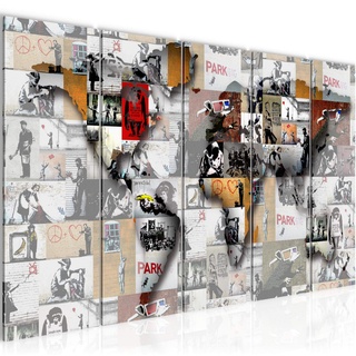 Runa Art Wandbild XXL Weltkarte Banksy Collage Loft Wohnzimmer 200 x 80 cm Bunt 5 Teilig - Made in Germany - 104555a