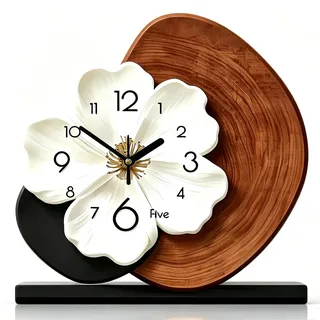 YiChZhe Retro Tischuhr Ohne Tickgeräusche Modern Holz,Leise Standuhr mit Elegante 3D Blüten-Stil,Kaminuhr Blumenuhr für Deko Wohnzimmer Schlafzimmer Büro Küche Kunst,Walnussholz