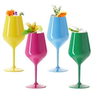 DoimoFlair Weingläser aus Kunststoff bruchsicher Weinbecher Sektgläser Plastik Cocktailglas Bunt Set 4 Stück