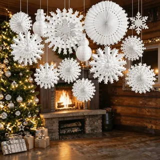 Schneeflocken Deko Set zum Aufhängen, Papier, Weiß, 13 Teile - Weiß